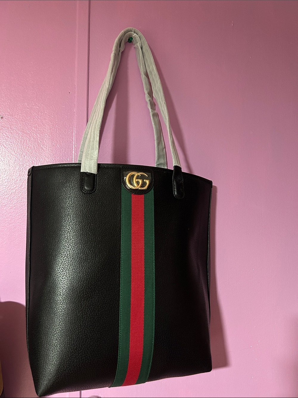 Gucci Black Leather Tote with Green and Red Web Stripe